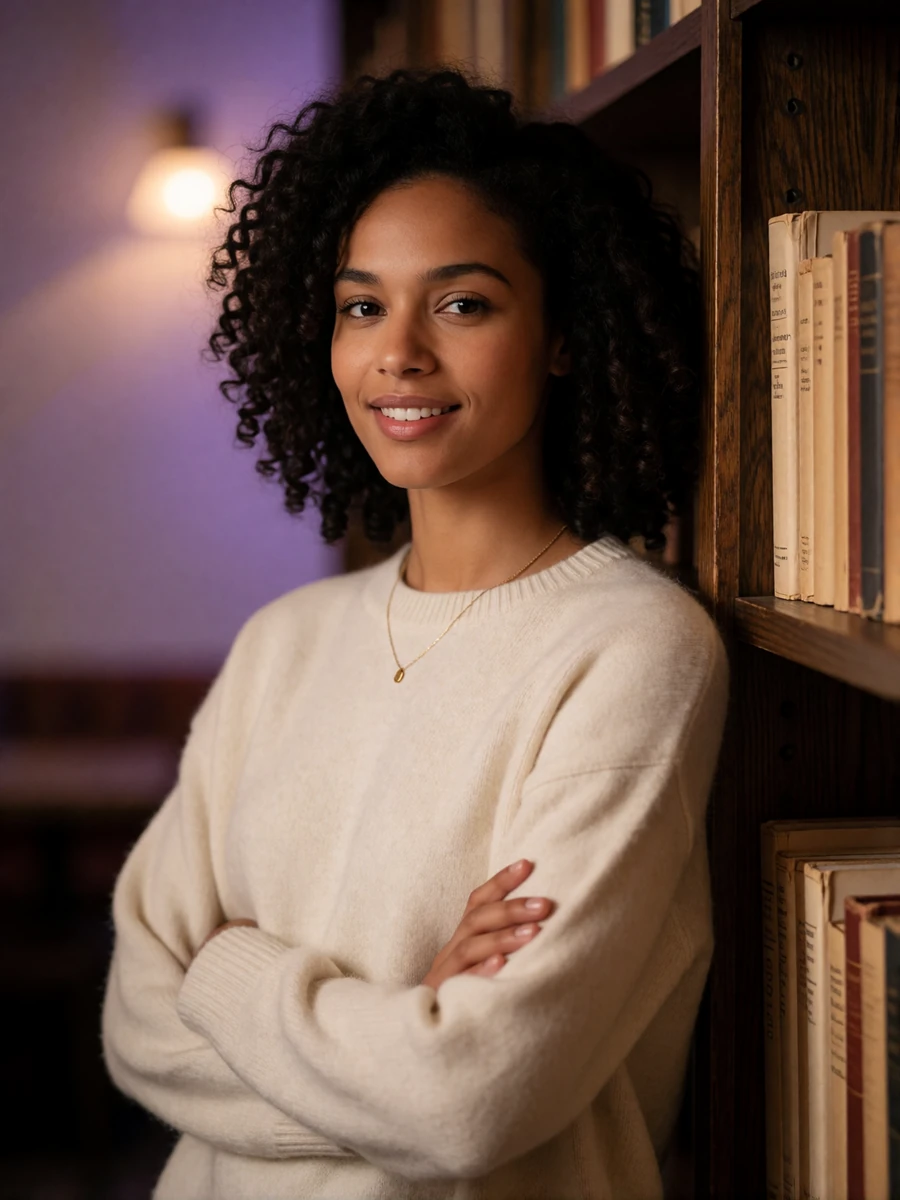 Woman with dark curly hair leaning against a bookshelf in an upscale Cambridge café-library in the evening