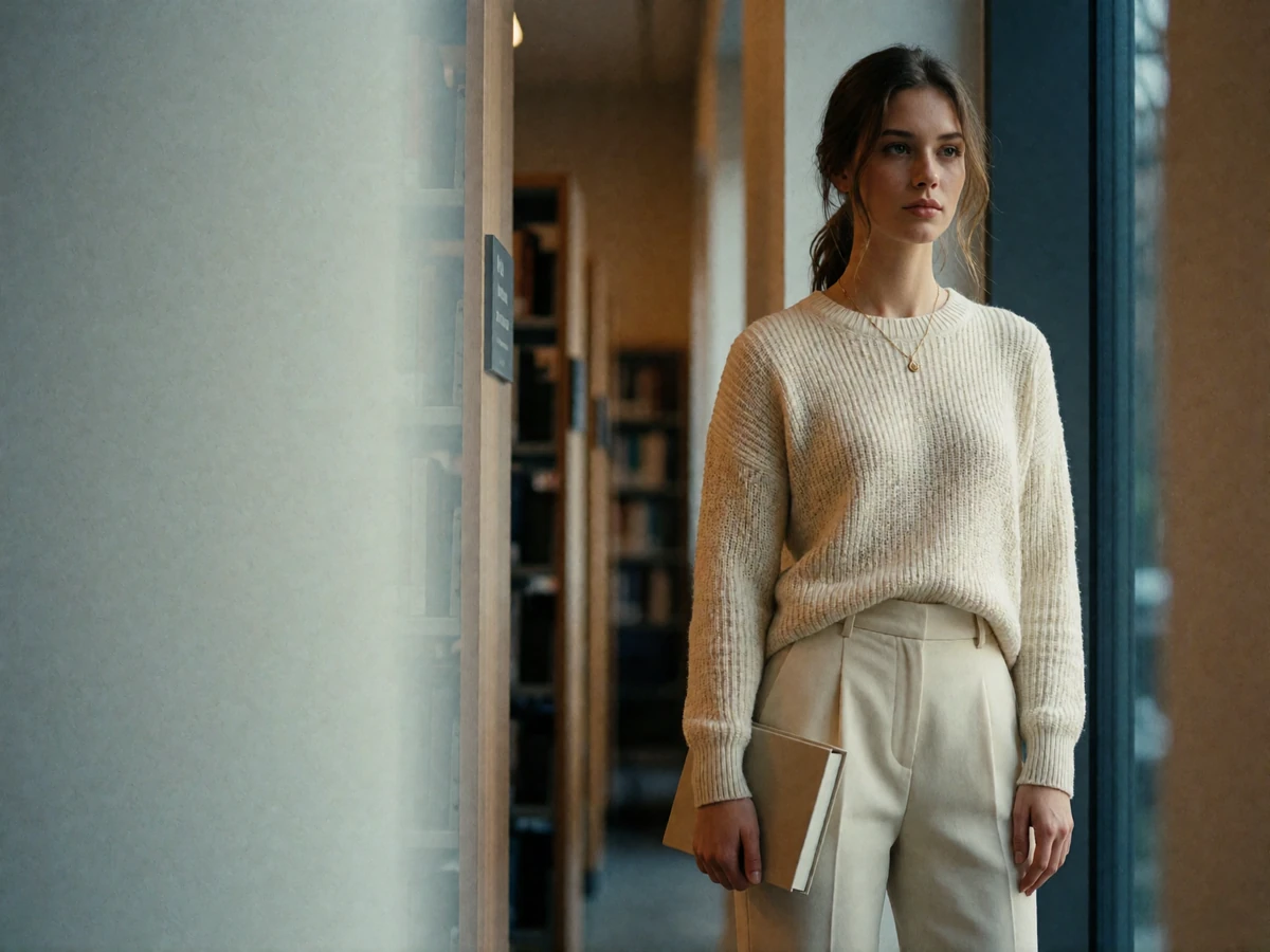 Young woman in a cream knit sweater holding a book beside a tall window in a university library lounge