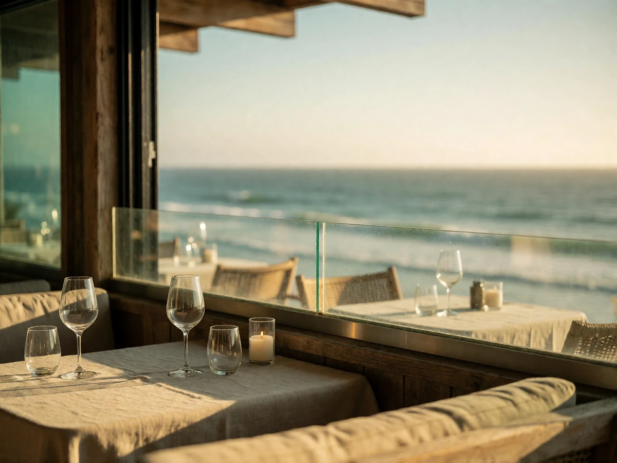 Empty oceanview restaurant terrace table set with wine glasses and candle above the Pacific coastline at golden hour