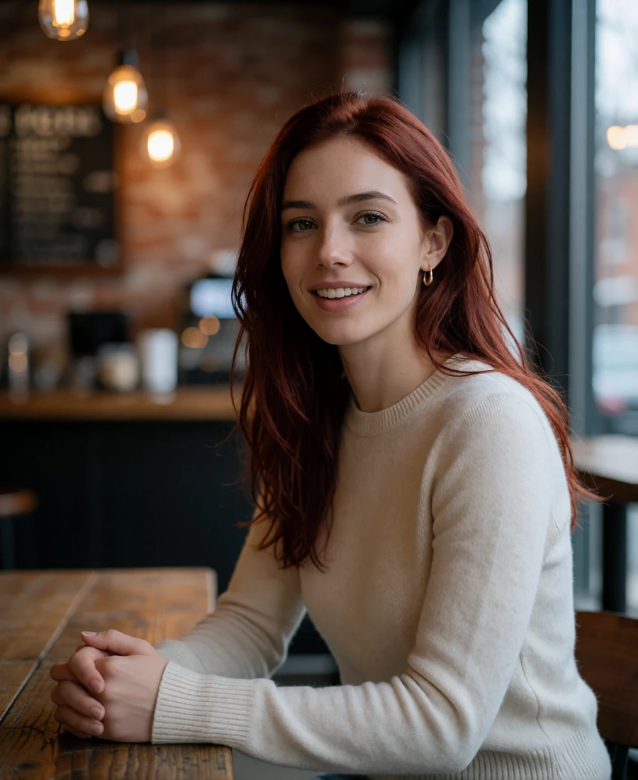 Woman with auburn hair sitting at a wooden table in a warm upscale Columbus coffee house