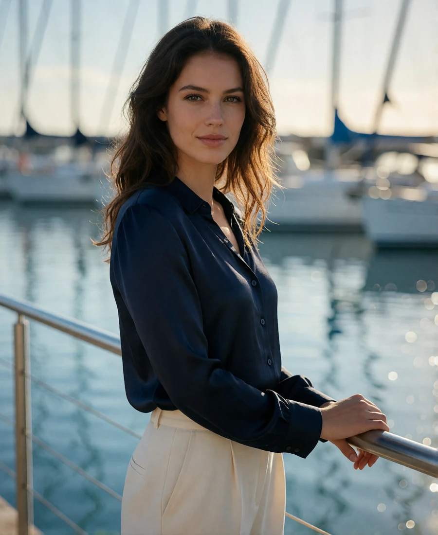 Woman in a navy blouse resting her hand on a marina railing overlooking San Diego sailboats at sunset