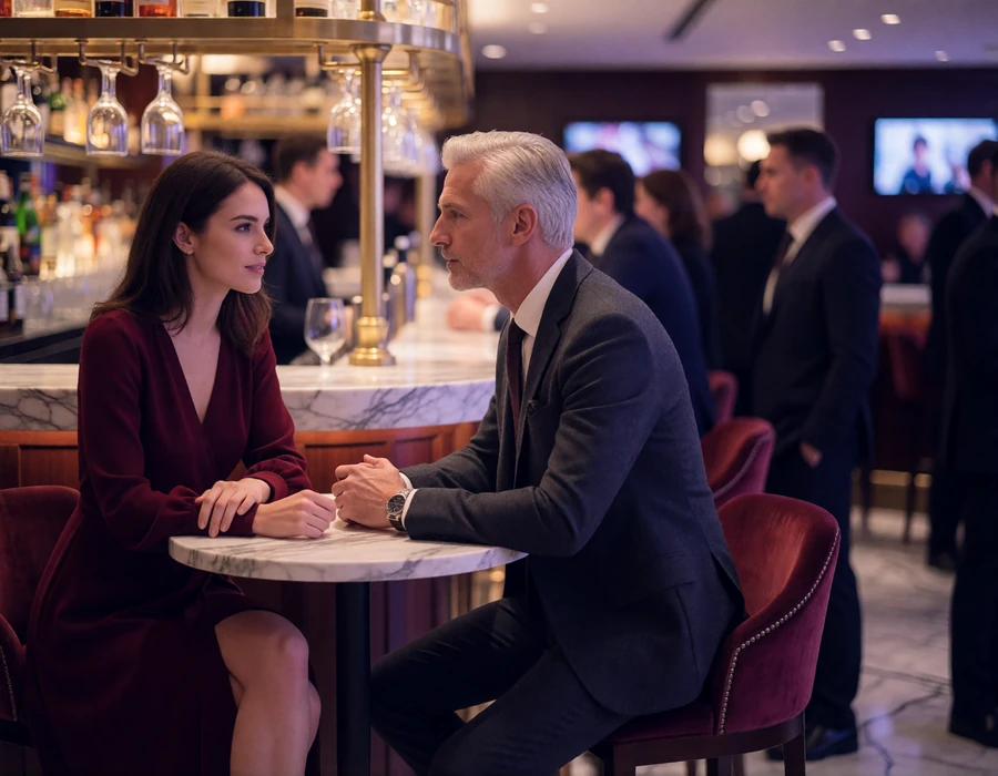 Woman in a burgundy wrap dress in conversation with a silver-haired man at a marble bar table in a busy upscale hotel bar