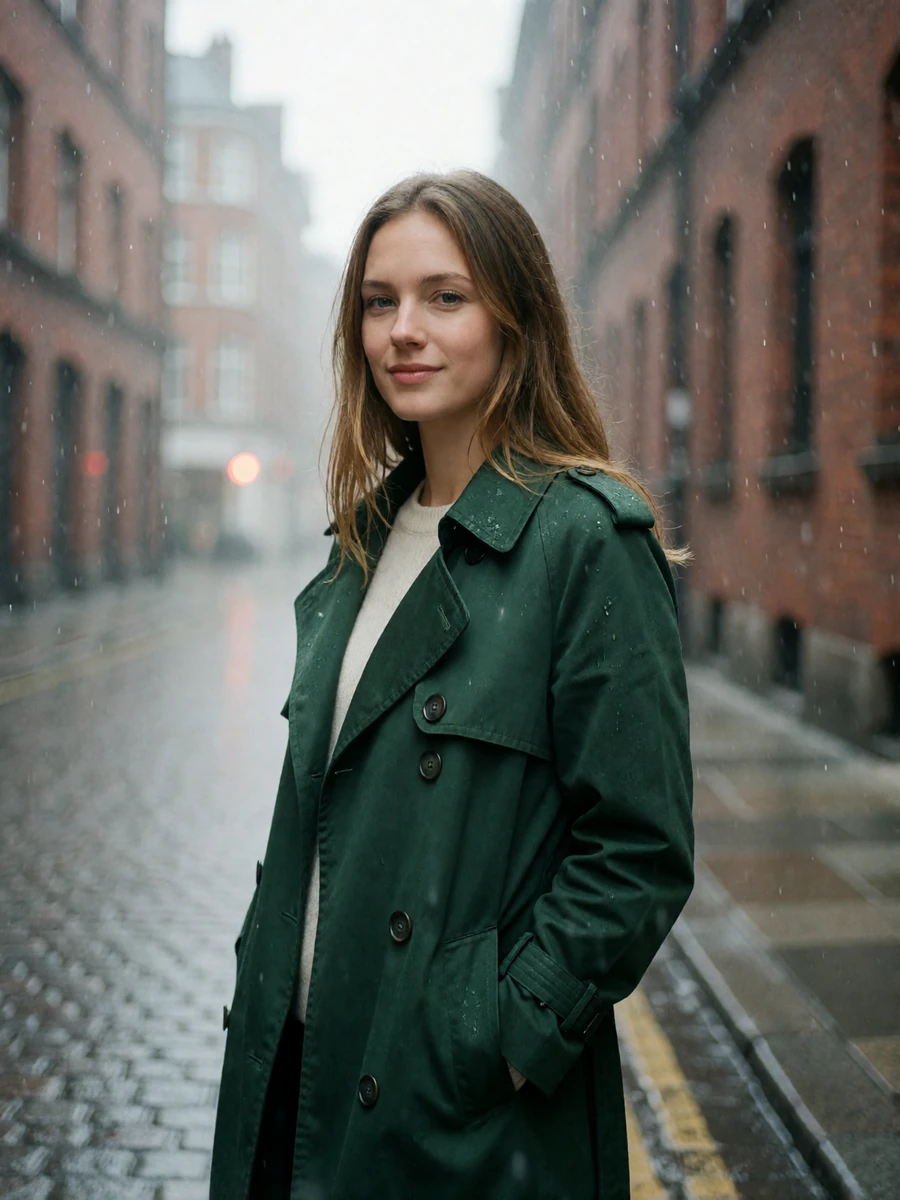 Woman in a forest-green trench coat standing on a damp downtown Seattle street with blurred brick buildings behind her
