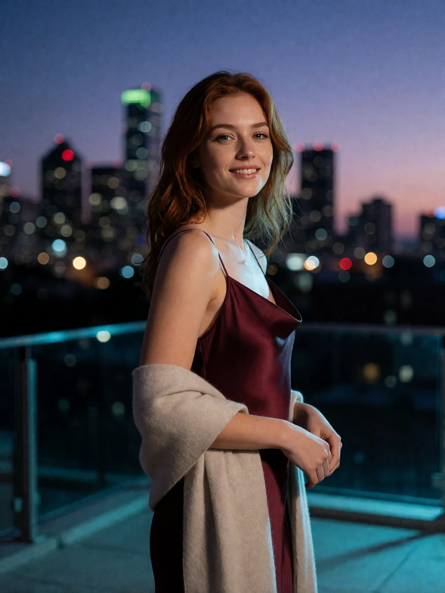 Woman in a burgundy satin slip dress on a city terrace at dusk with the Dallas skyline glowing behind her