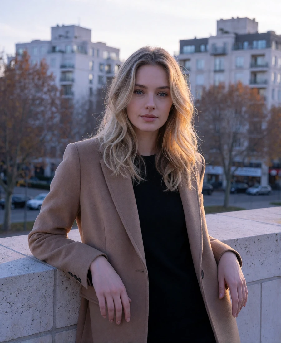 Blonde woman leaning against a pale stone wall in an upscale Columbus urban district