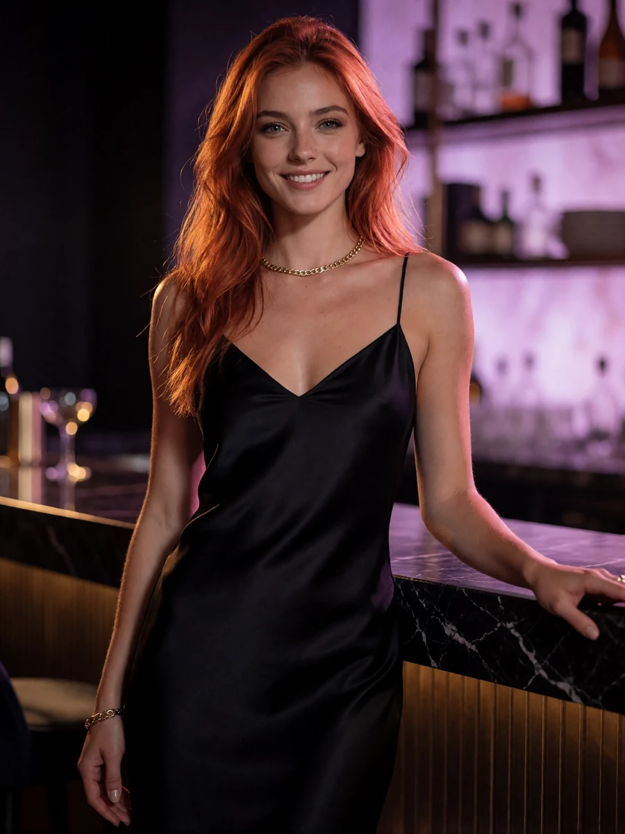 Woman with copper hair in a black slip dress at a dim cocktail lounge bar in the Gulch neighborhood of Nashville