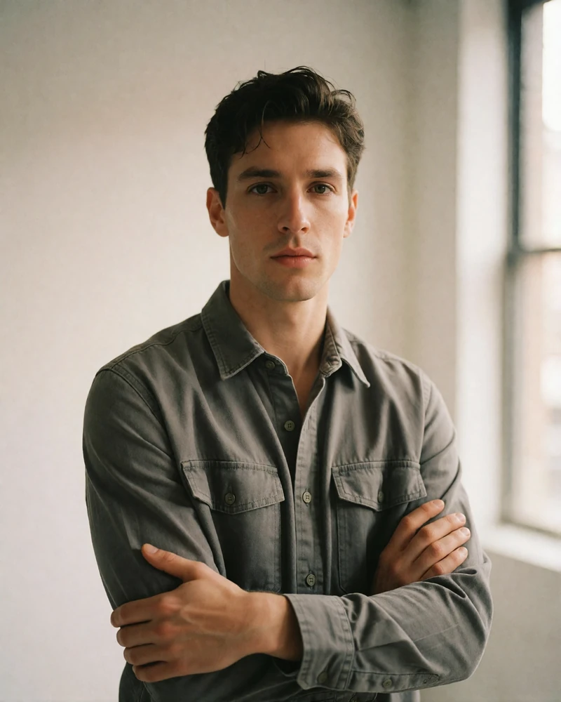 Man in his late twenties in a grey overshirt standing in a bright minimal studio