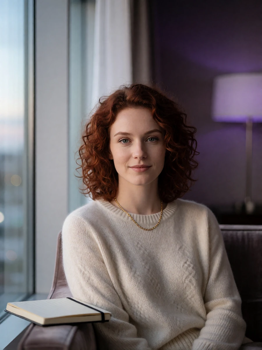 Woman in a cream knit sweater seated by a window in a quiet upscale Dallas hotel lounge