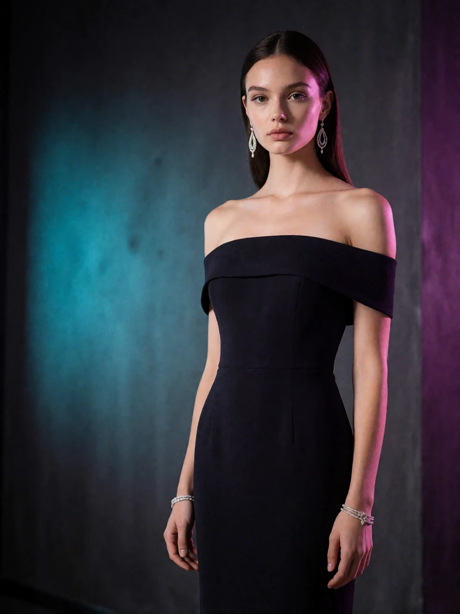 Woman in a black off-shoulder gown standing in a minimalist dark interior in the Dallas Design District