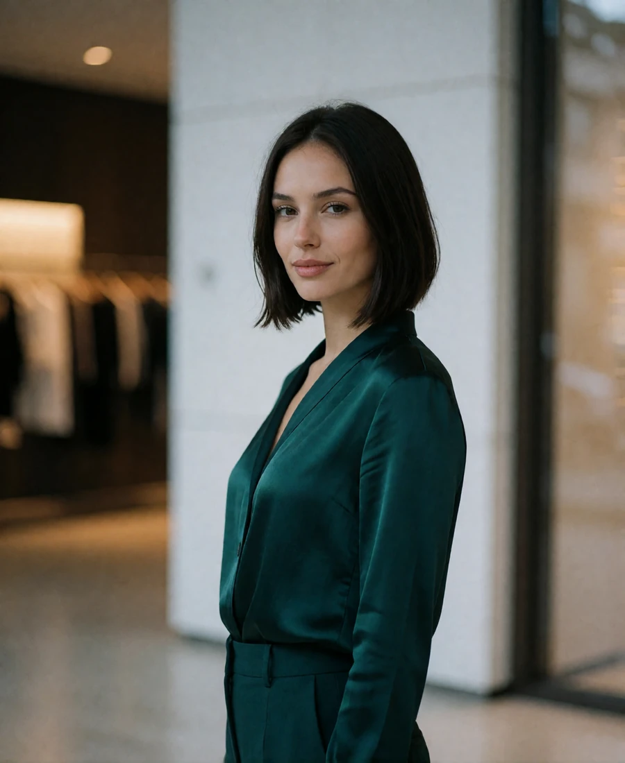 Woman with a sleek dark bob standing in the lobby of a modern Columbus boutique hotel
