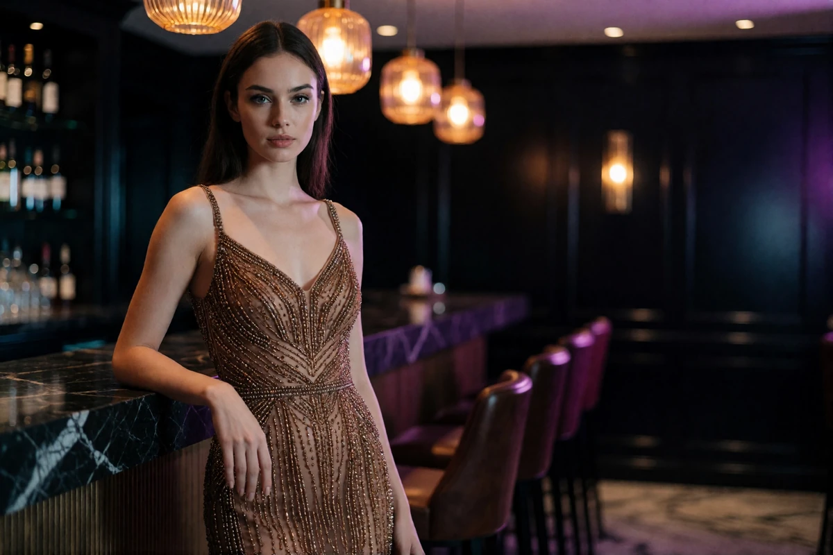 Woman in a beaded bronze evening dress standing at the marble bar of a dimly lit Manhattan hotel lounge