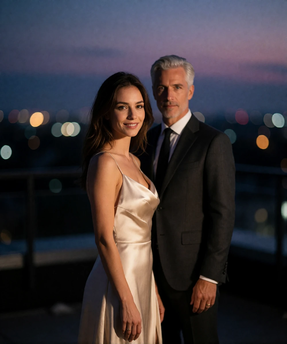 Woman in a champagne satin gown and a man in a charcoal suit on a rooftop terrace at dusk