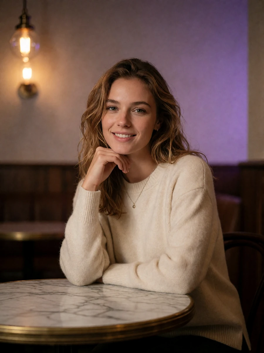 Woman in a cream cashmere sweater smiling at a marble café table in a warm bistro interior