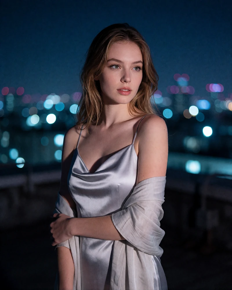 Woman with light brown hair in a silver satin dress on a rooftop at night