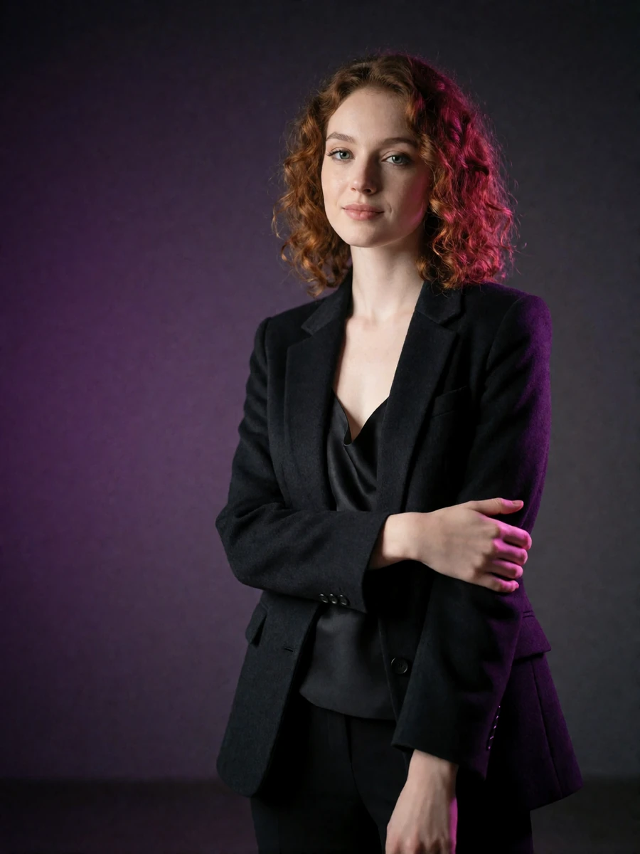 Woman in a tailored black blazer in a minimalist dark gallery space in Denver