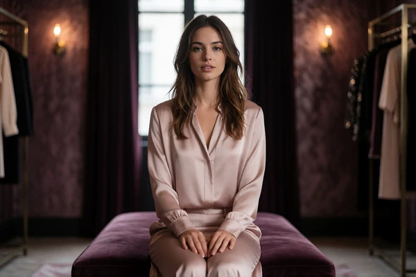 Young woman in a pale silk blouse sitting calmly on a velvet bench in a boutique hotel corridor