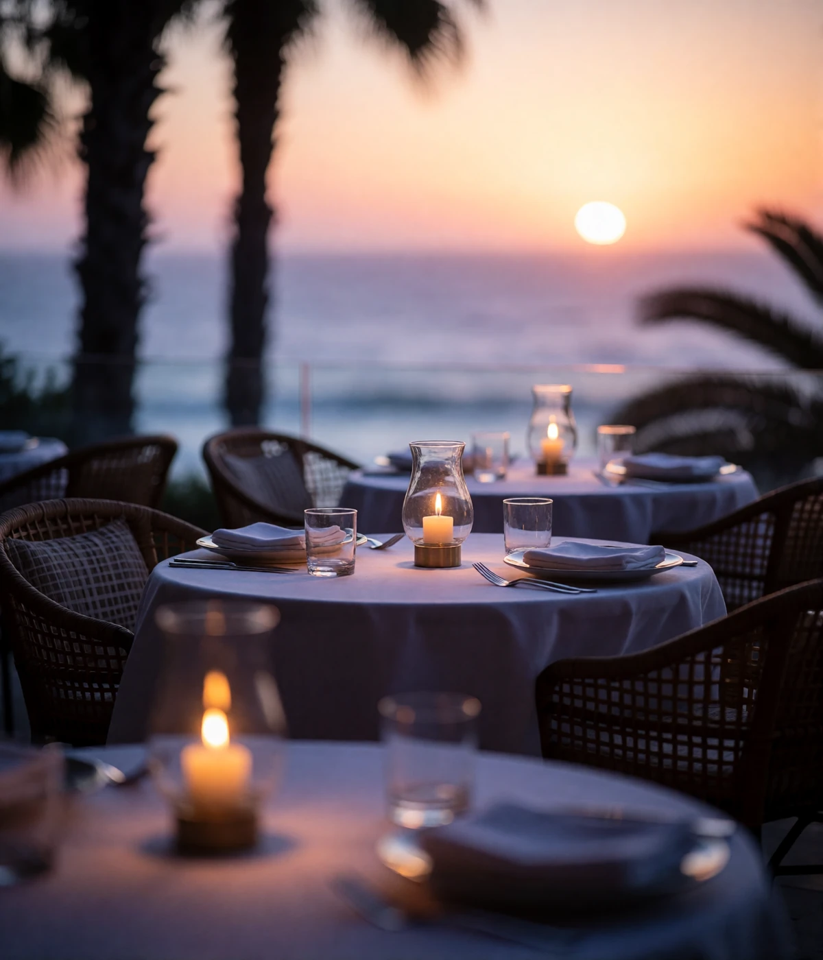 Empty oceanfront restaurant terrace in San Diego set for dinner at sunset overlooking the Pacific