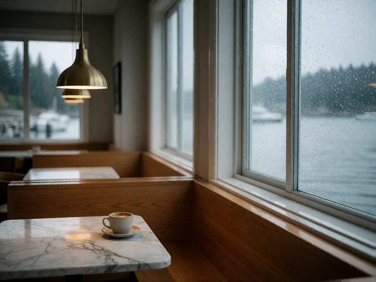 Upscale Seattle waterfront café interior with marble tables and a wall of windows overlooking a grey bay and evergreen hills