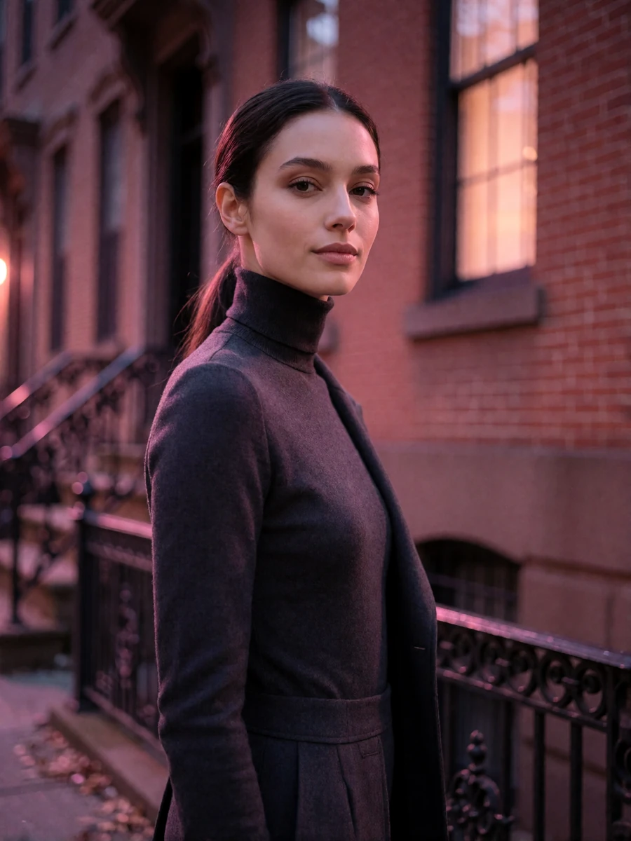 Woman with sleek dark hair in a charcoal turtleneck on a Back Bay brownstone street in the evening