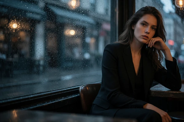 Woman in a black blazer resting her chin on her hand at a dark café window on a rainy evening