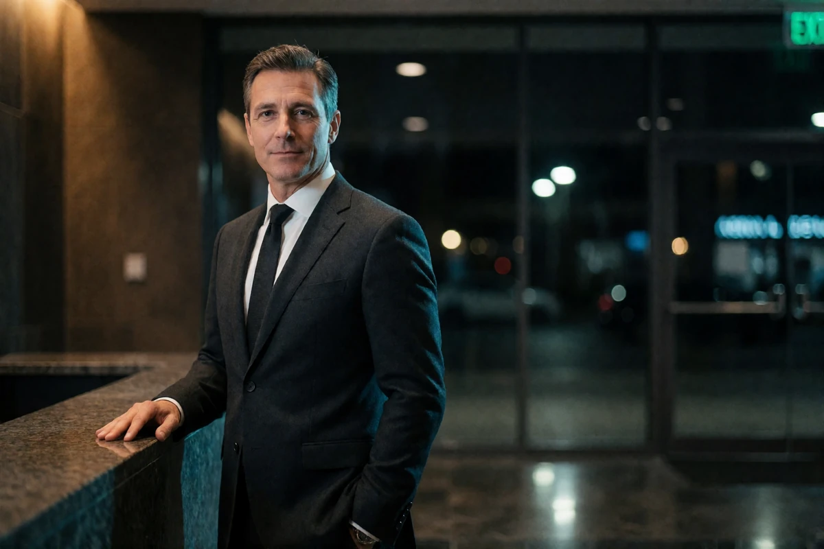 Man in a charcoal suit standing in a dark corporate lobby in downtown Houston after hours
