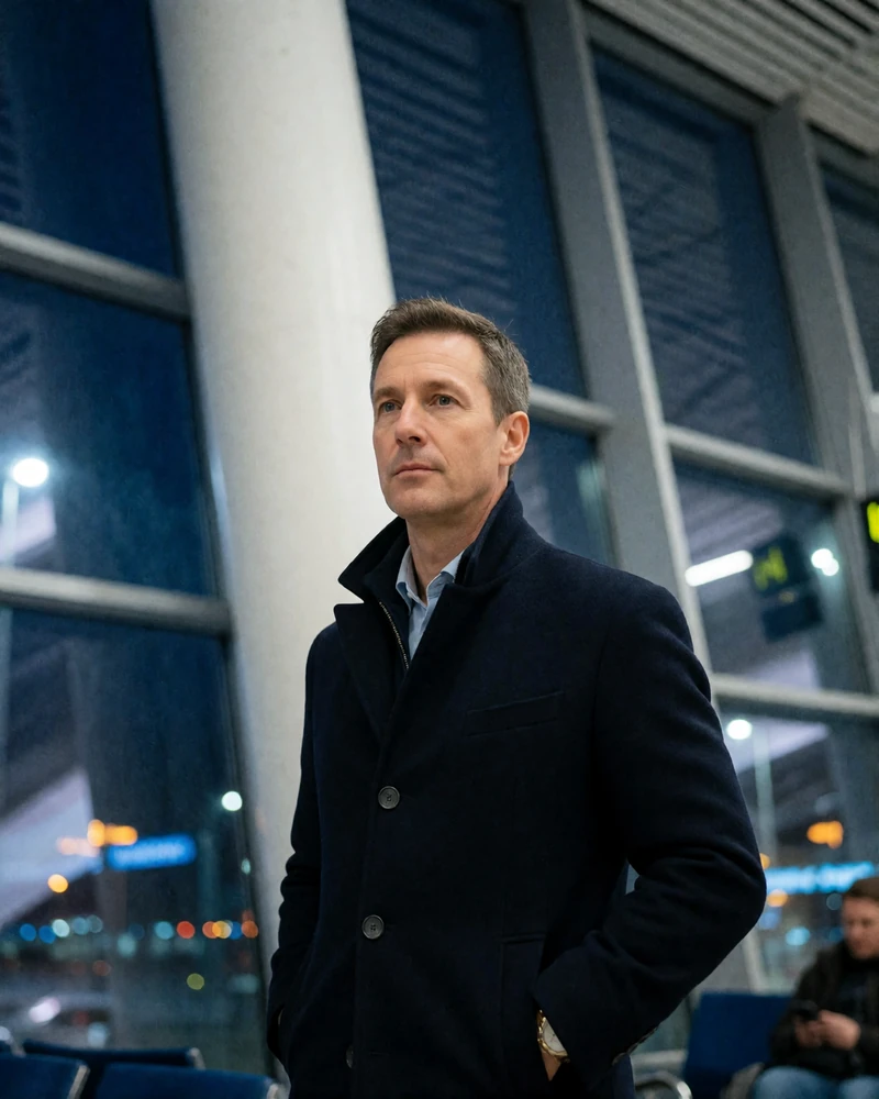 Man in a navy overcoat standing in a quiet airport lounge at night beside tall windows
