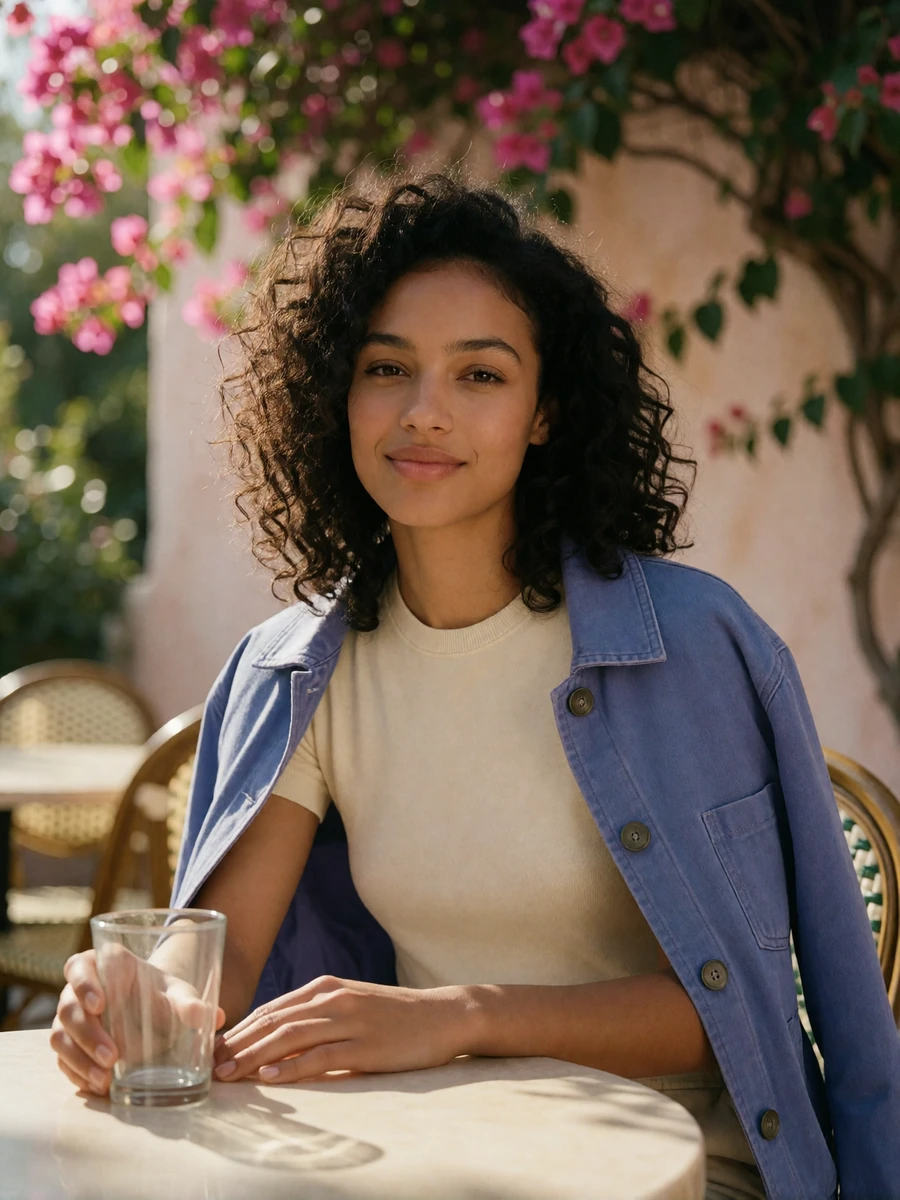 Woman with dark curly hair seated at an outdoor café table on a sunny patio