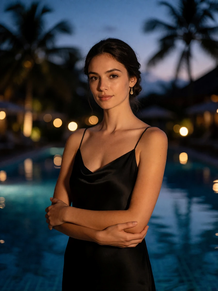 Woman in a black satin slip dress standing on a resort pool deck at dusk in Phoenix