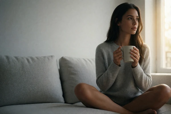 Woman in a pale grey sweater sitting on a sofa in a bright minimalist apartment holding a mug