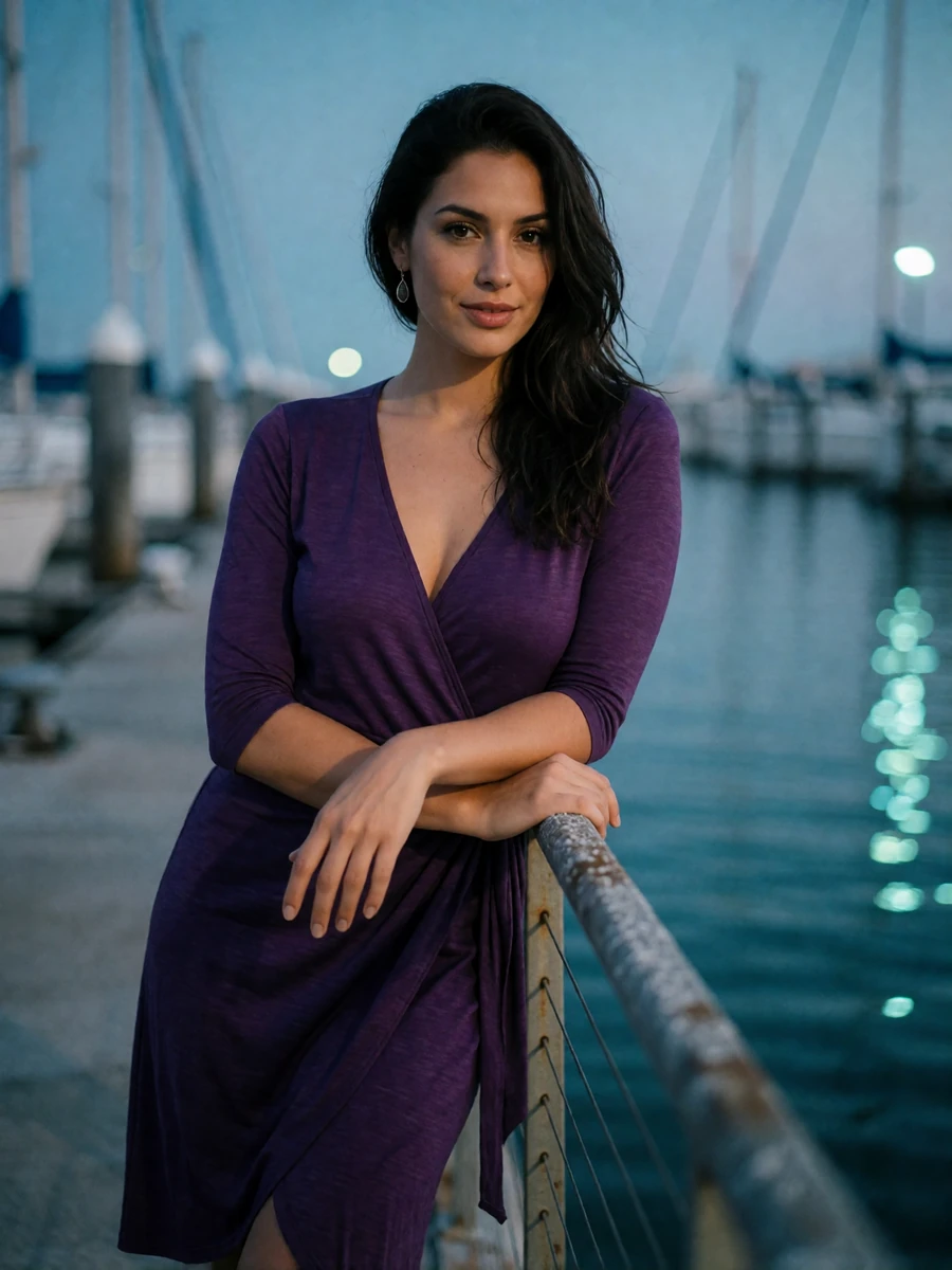 Woman in a deep-violet wrap dress leaning on a marina railing at dusk near Tampa's waterfront