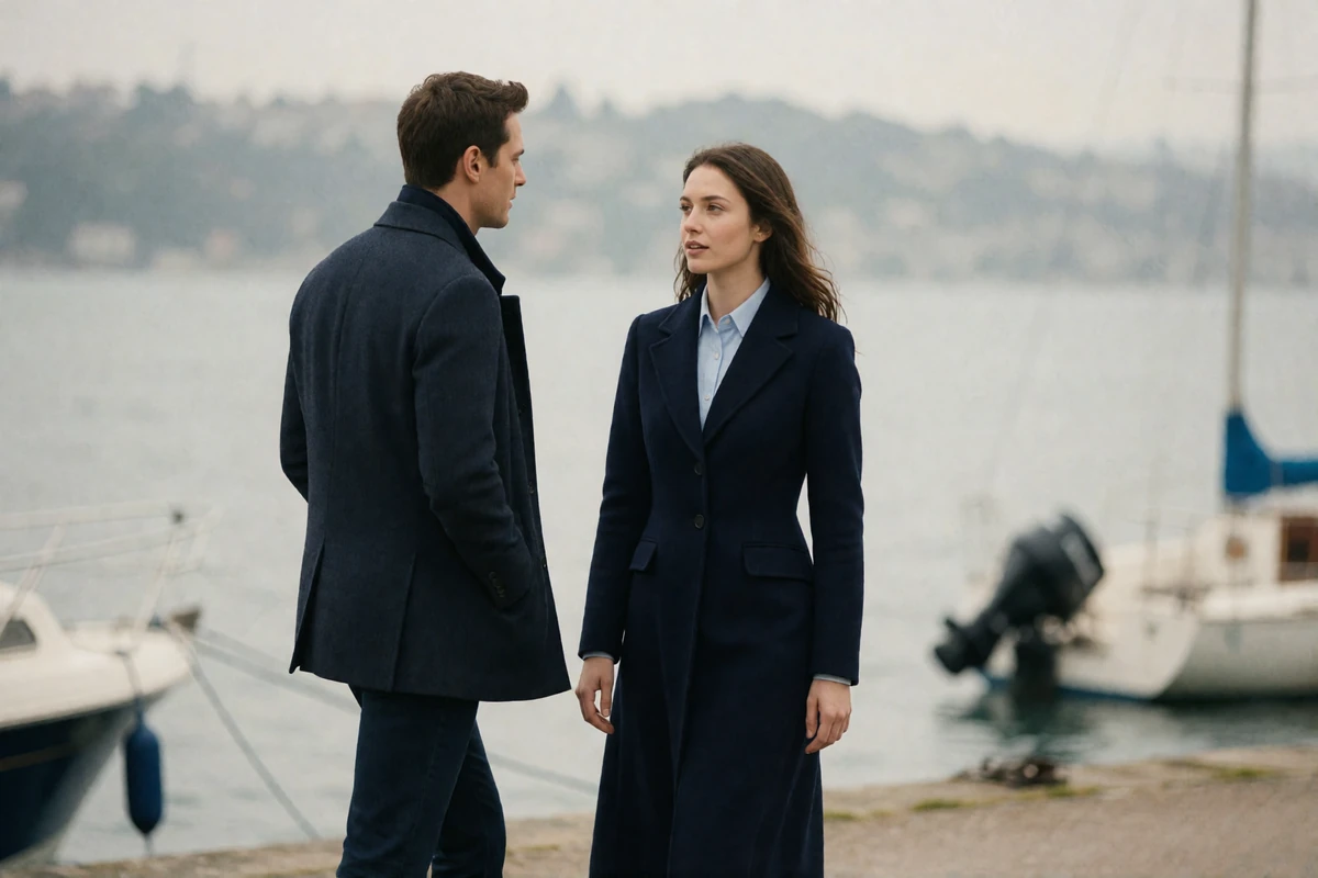 Couple in tailored coats walking together along a Seattle waterfront promenade in soft overcast daylight