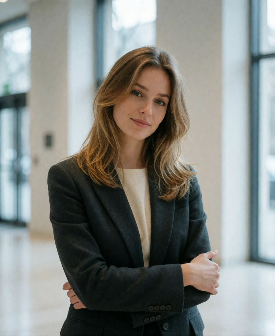 Woman with layered light-brown hair standing in a modern lobby with tall windows