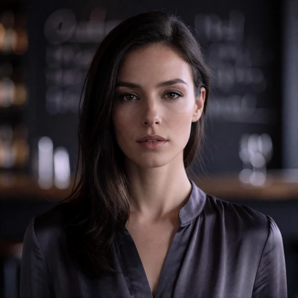 Anonymous portrait of a woman with dark hair reflecting on screening messages before meeting in person
