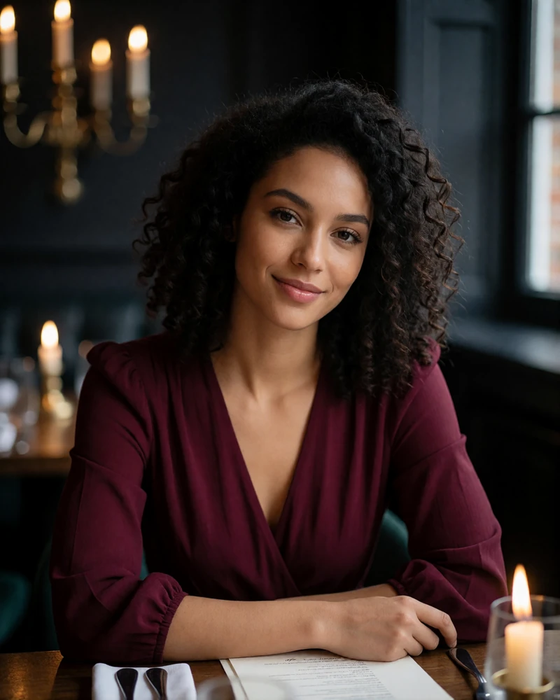 Woman with dark curly hair in a burgundy dress seated at a candlelit restaurant table