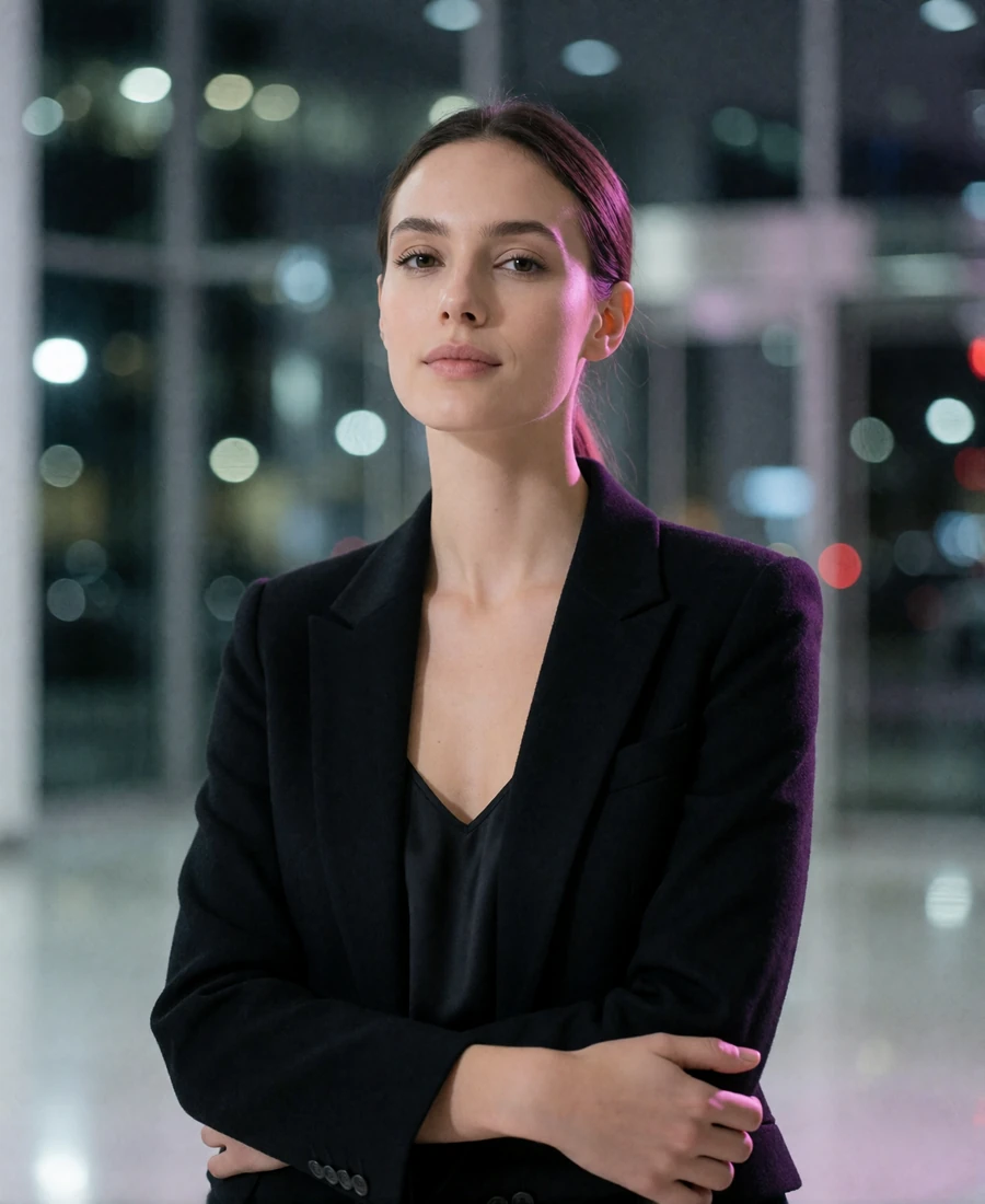 Woman in a tailored black blazer standing in the glass lobby of a downtown Chicago high-rise at night
