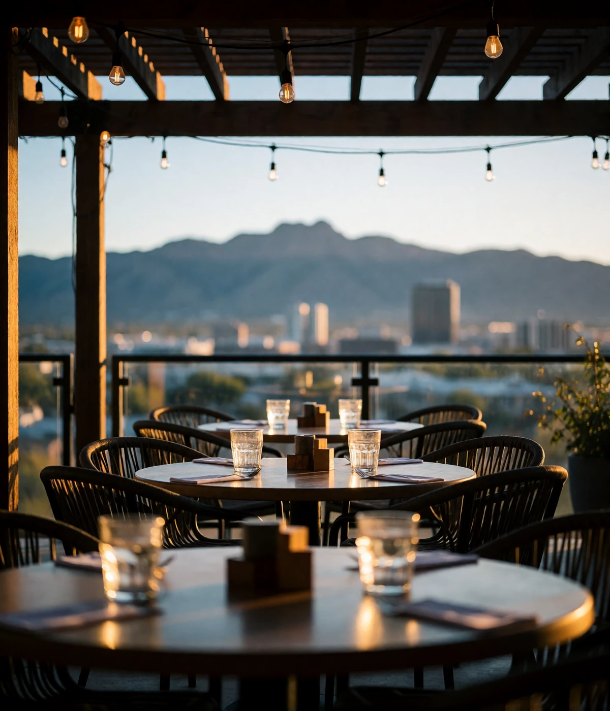 Upscale restaurant patio at golden hour overlooking a high-plains Denver skyline with mountains beyond