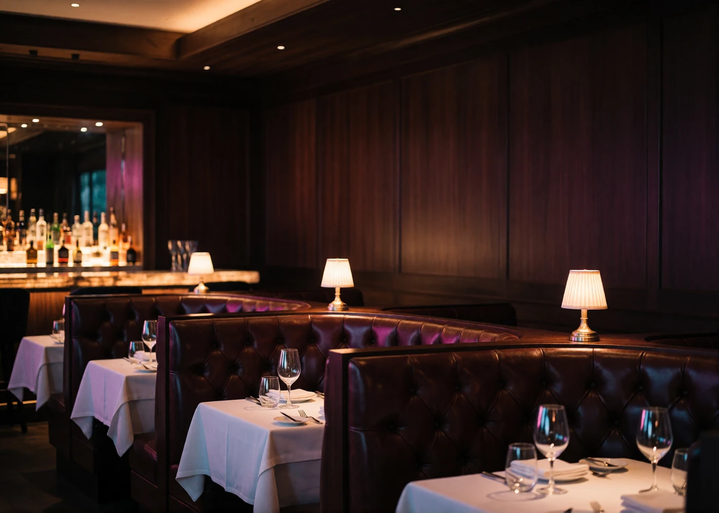 Empty upscale Tampa steakhouse dining room with leather booths and candlelit tables in the evening