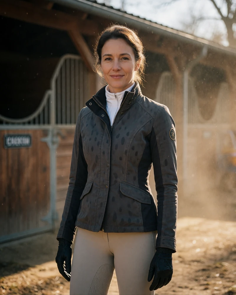 Woman in her late thirties in a fitted riding jacket in a sunlit stable yard