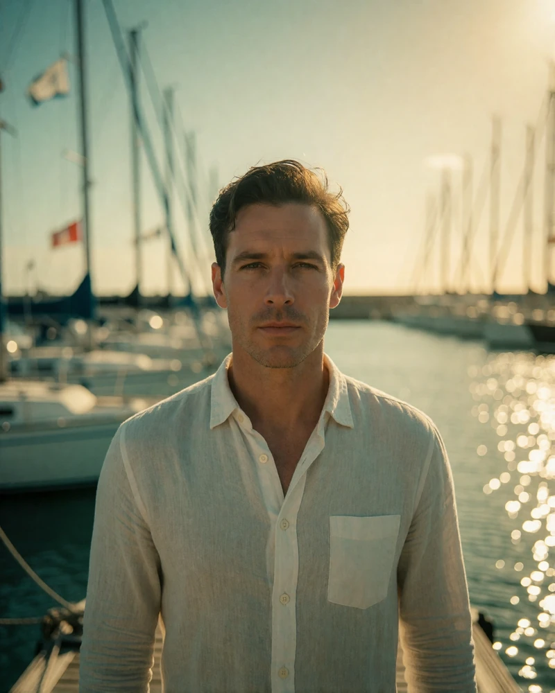 Man in a light linen shirt standing on a marina dock at golden hour with boats blurred behind him
