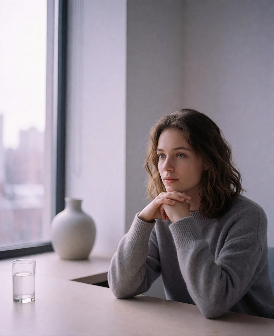 Woman in a grey cashmere sweater sitting at a desk by a bright window during an attentive video call