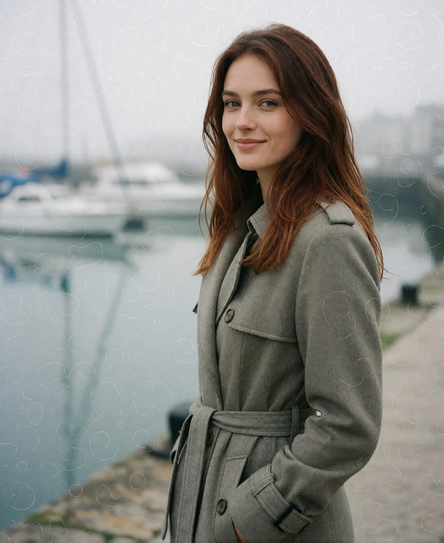 Woman with long chestnut hair in a stone-grey trench coat standing on a Seattle waterfront walkway