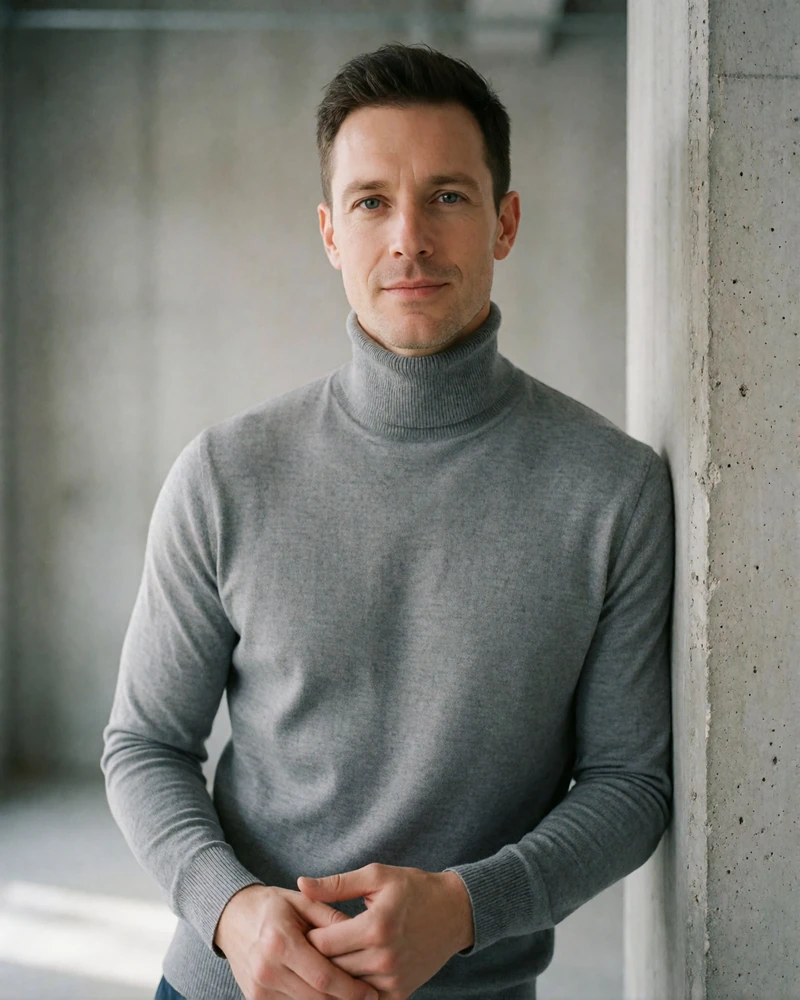 Man in a fine grey turtleneck leaning against a concrete column in a minimal studio