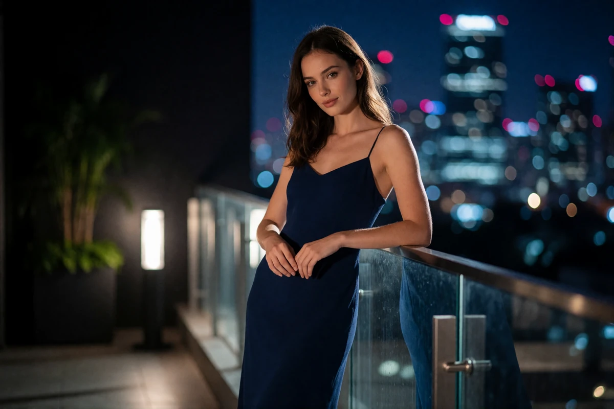 Woman in a midnight-blue slip dress leaning on a glass terrace railing above a glowing New York skyline