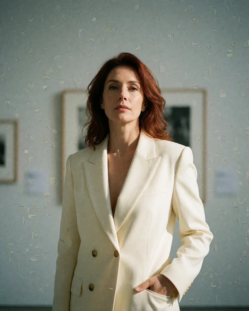 Woman in her early forties with auburn hair in a structured cream blazer standing in a bright gallery space