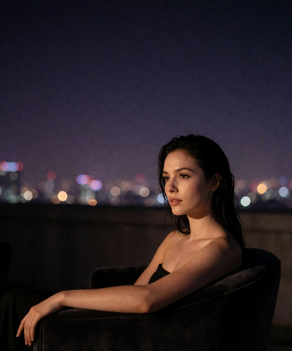 Composed woman in her late twenties seated in a velvet armchair in a private rooftop lounge at night