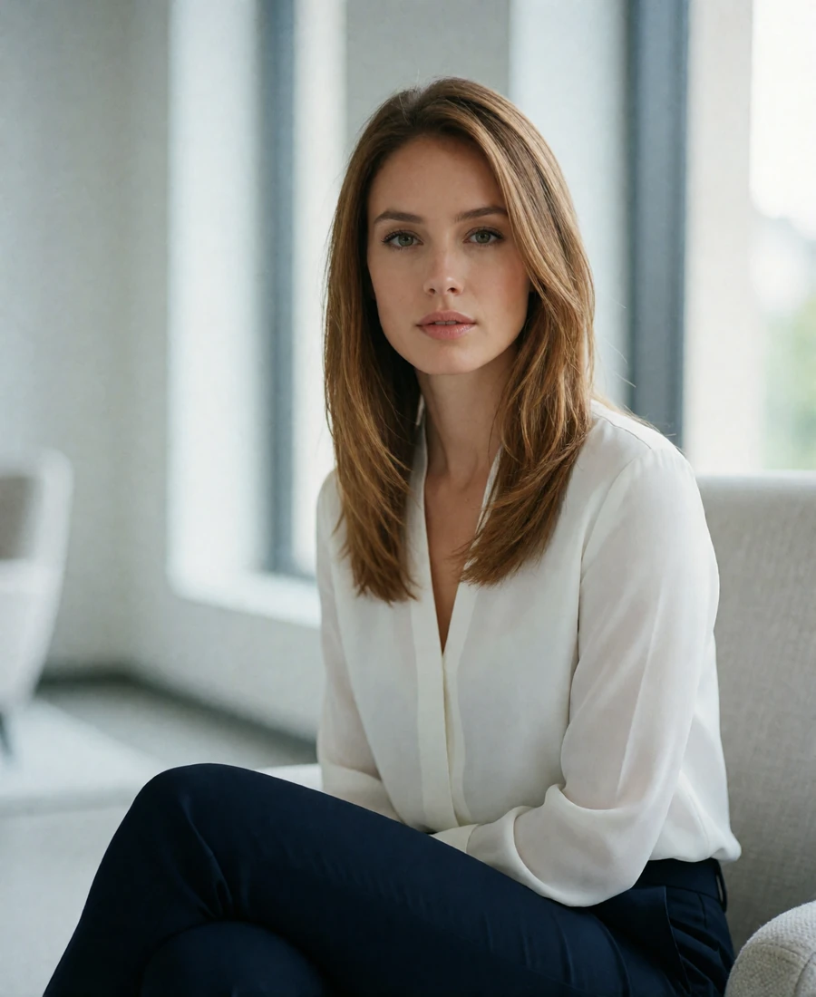 Woman with straight caramel-toned hair seated in a modern lounge chair by tall daylight windows