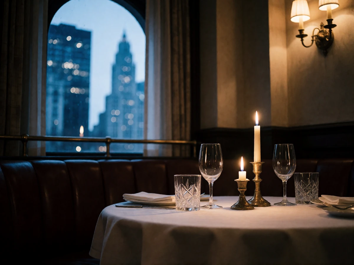 Candlelit corner table set for two in an upscale Chicago steakhouse with tall windows overlooking the city at dusk