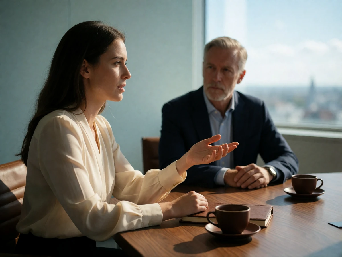 Woman in a cream blouse in engaged discussion with an older man in a navy blazer at a walnut conference table