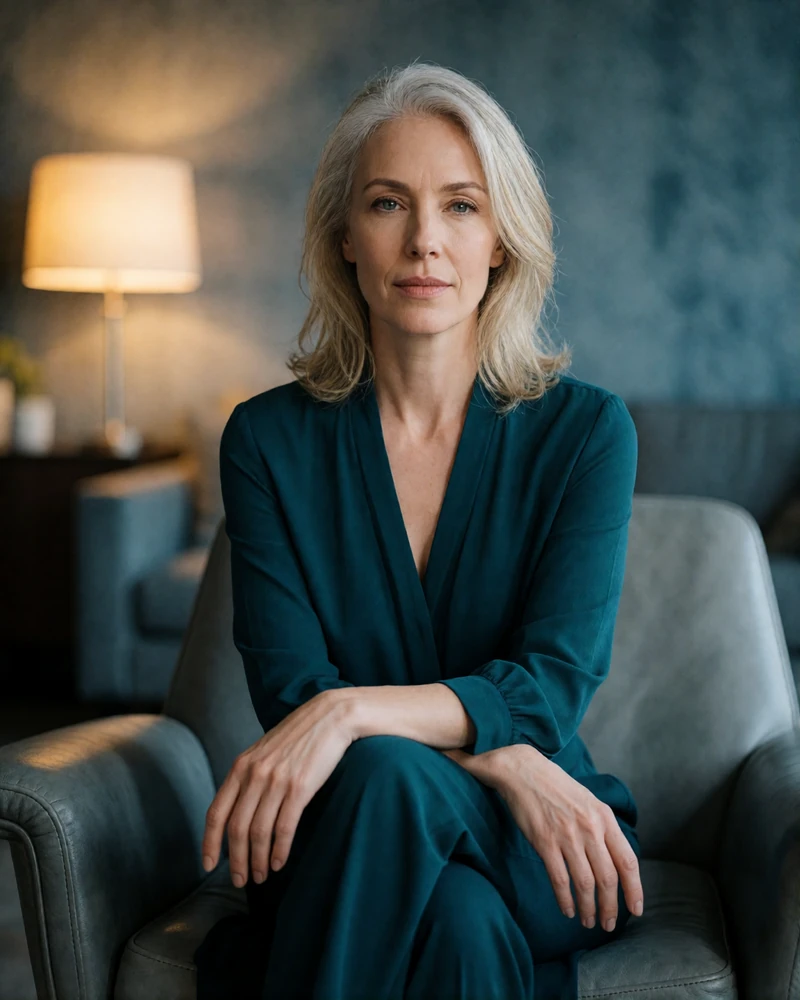 Woman in her mid forties with softly silvered blonde hair in a deep teal blouse seated in a leather lounge chair