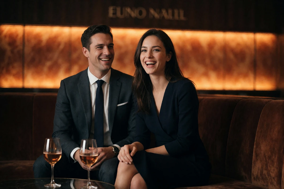 Couple laughing together on a velvet banquette in a warm Columbus cocktail lounge